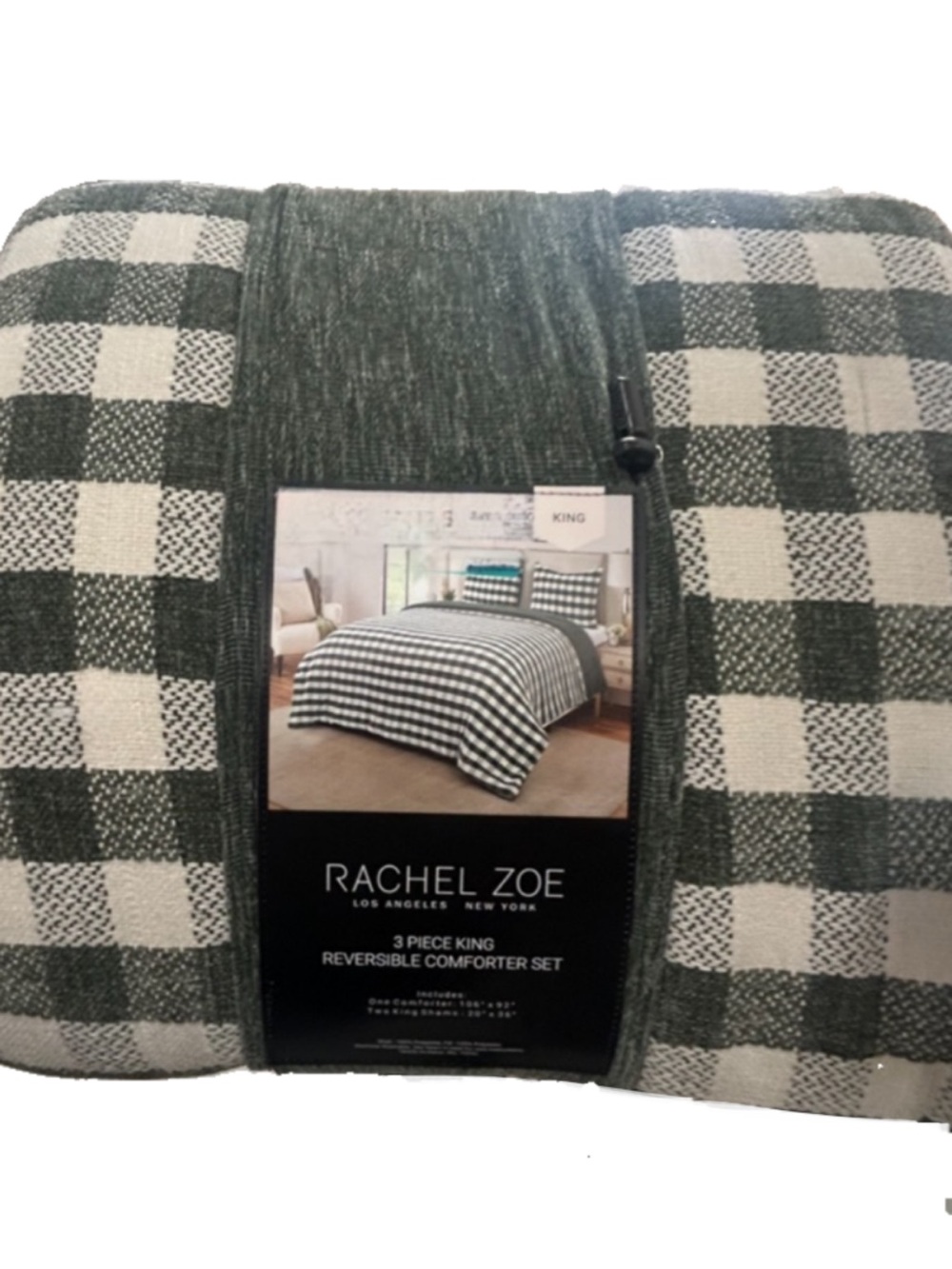 Rachel Zoe Green and Off White Plaid Checked King Reversible Comforter Set 106”x